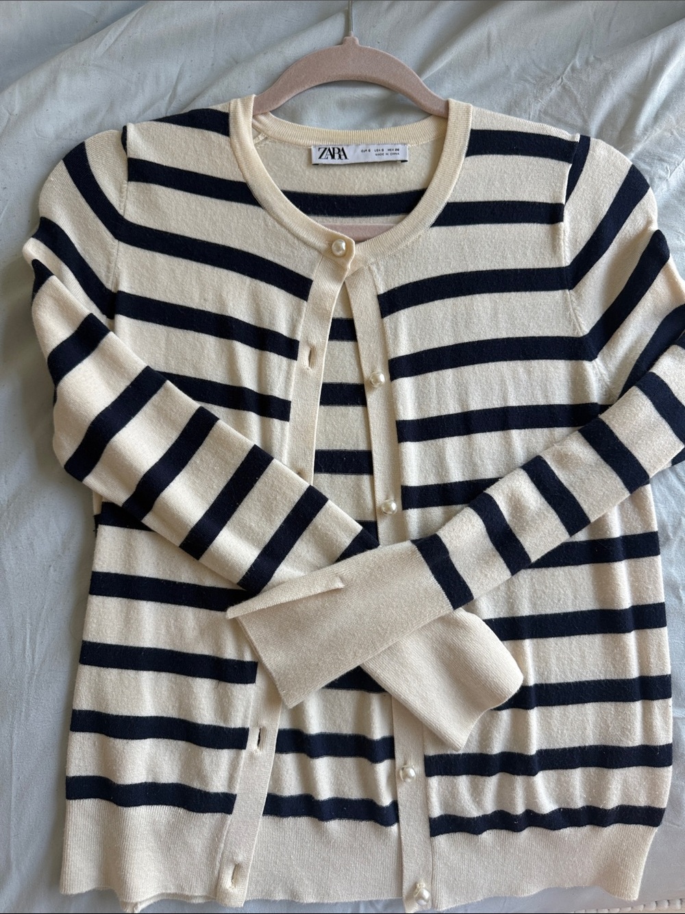 ZARA Cream and Navy Striped Pearl-Button Cardigan